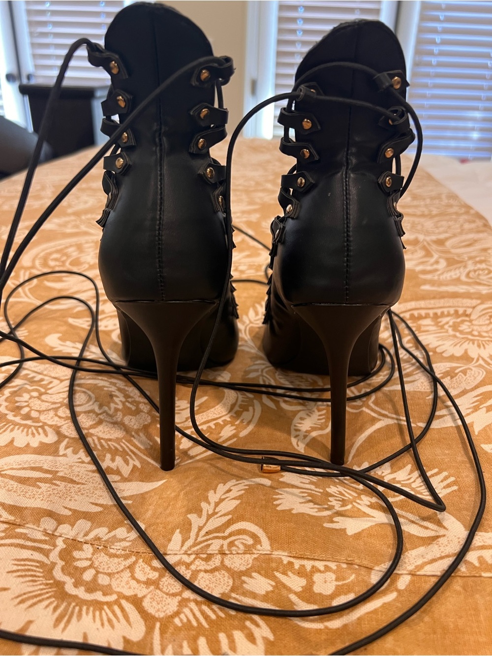 Black Lace-Up Peep Toe High Heels with Eyelet Detail - Picture 3 of 3
